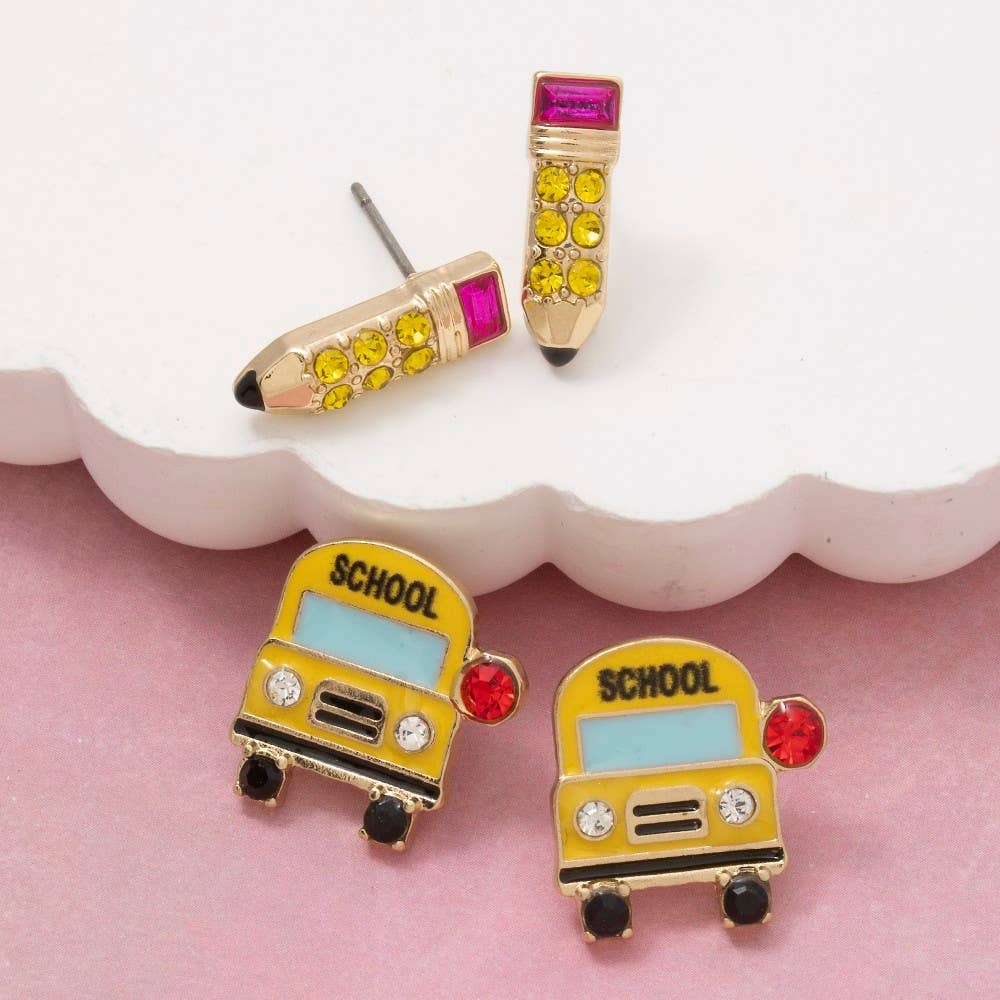 Accessories, Earrings - Enamel School Bus And Pencil Stud Dangle Earrings - - Cultured Cloths Apparel