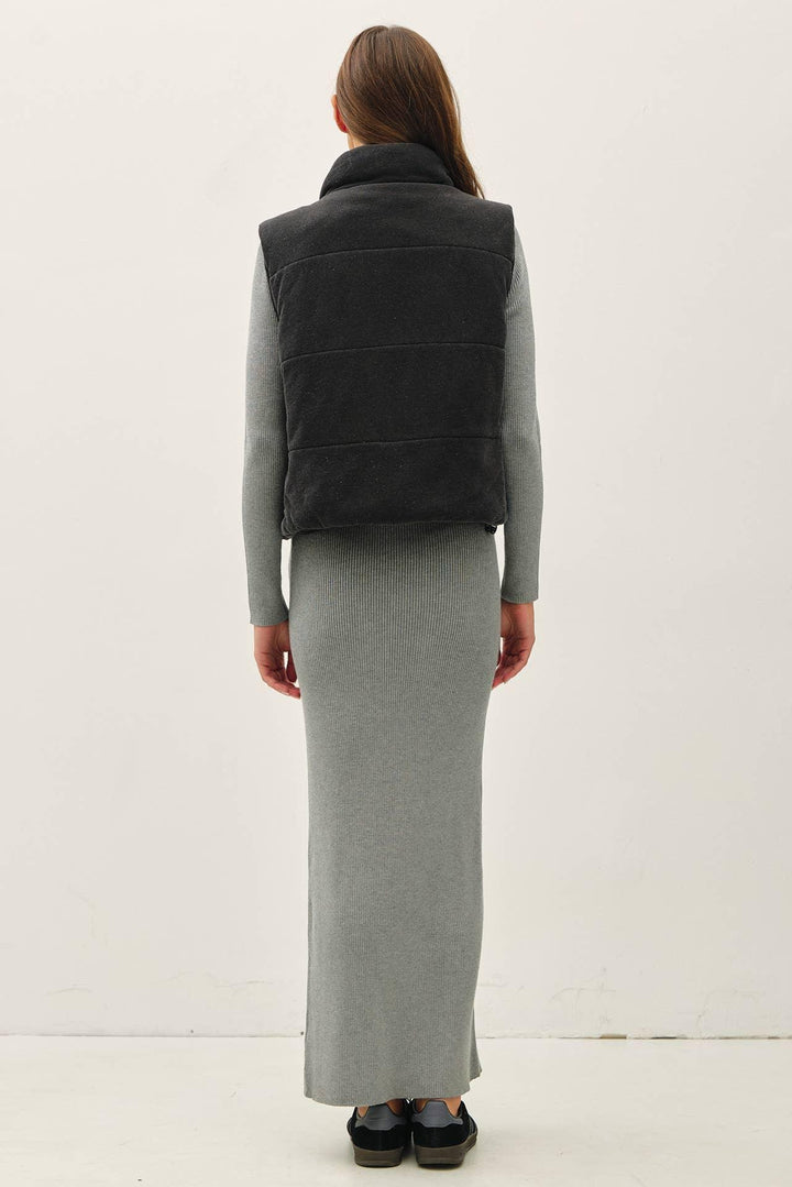 DENIM FEEL VINTAGE WASHING ZIP UP PUFFER VEST