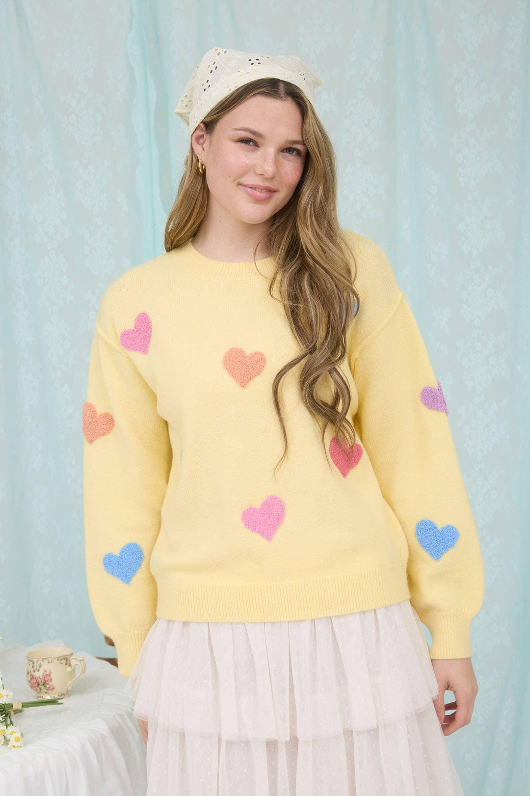 MULTICOLOR HEART CREWNECK KNIT PULLOVER SWEATER