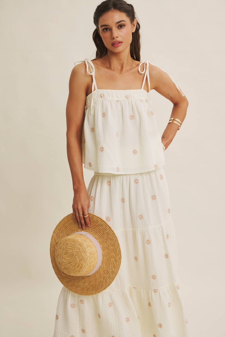 Women's Sleeveless - SUNSET FIELD EMBROIDERED COTTON GAUZE TANK WITH TIE STRAPS - - Cultured Cloths Apparel