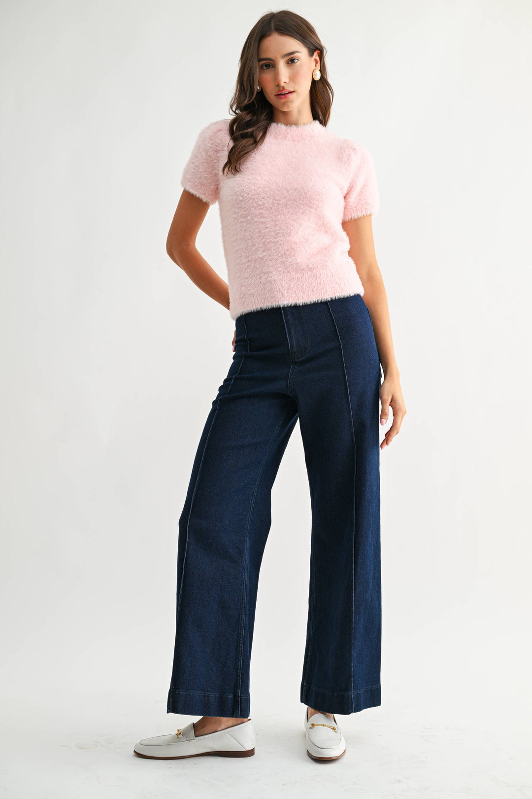 Women's Short Sleeve - Soft Pink Fuzzy Knit Short Sleeve Sweater Top - - Cultured Cloths Apparel