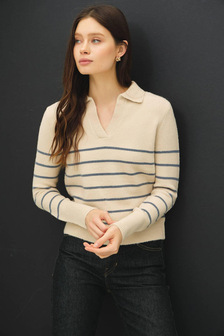 COLLARED V-NECK SWEATER WITH STRIPE