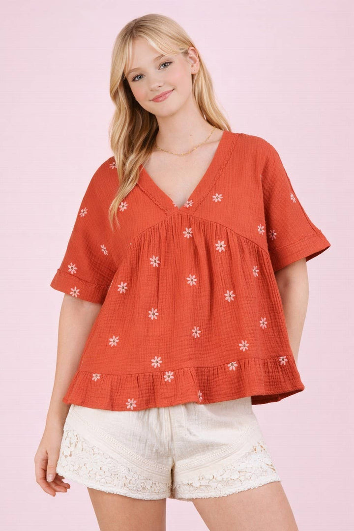 Flower Embroidered Woven Blouse Top