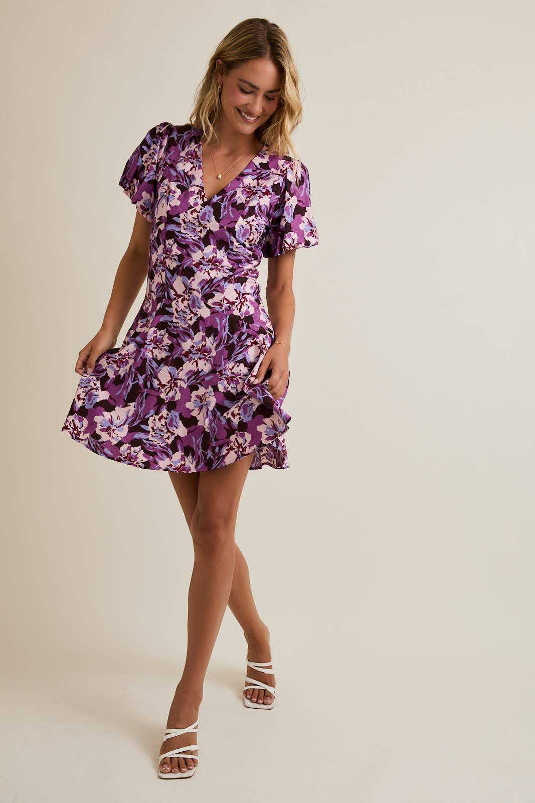 V-NECK PUFF SHORT SLEEVE FLARE HEM FLORAL MINI DRESS LAVENDER-MULTI / Large V-NECK PUFF SHORT SLEEVE FLARE HEM FLORAL MINI DRESS LAVENDER-MULTI / Large