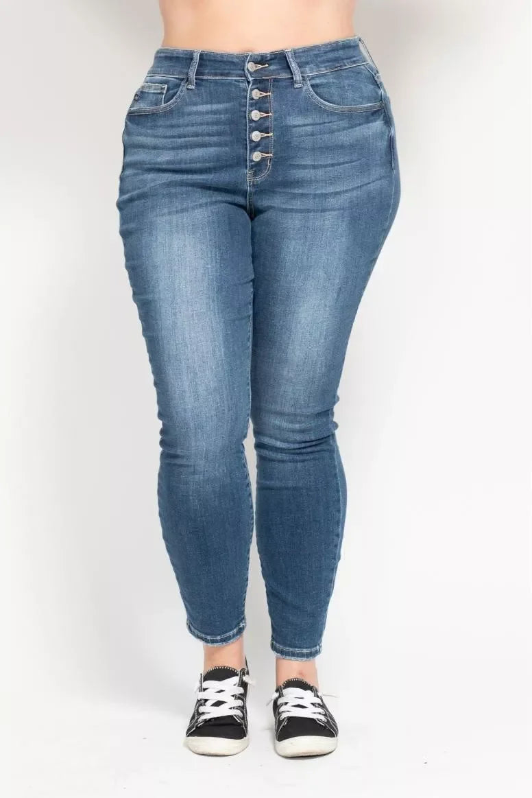 Denim - Judy Blue Full Size High Rise Button Fly Skinny Jeans Plus Size - - Cultured Cloths Apparel
