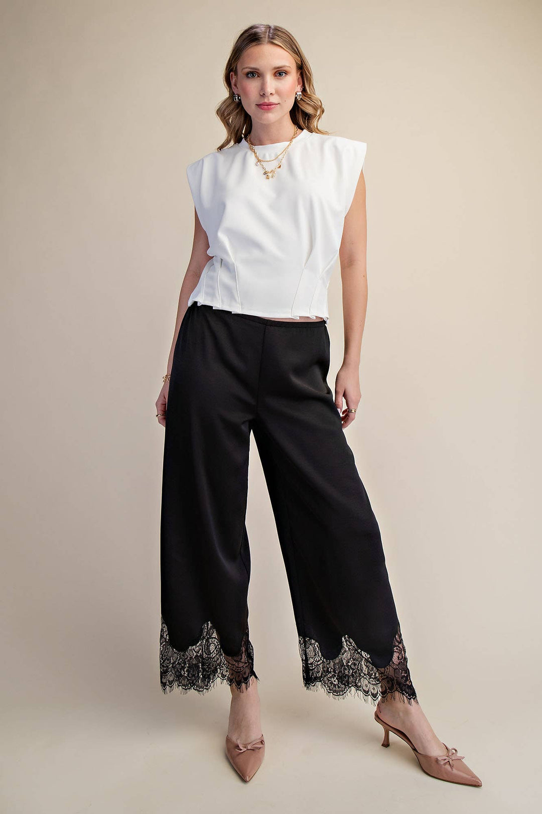 Pants - Mid Rise Cropped Lace Trim Pants - - Cultured Cloths Apparel