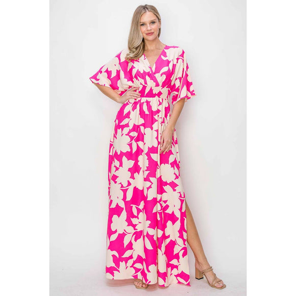 Women's Dresses - FLORAL KIMONO SLEEVE MAXI DRESS - FUCHSIA - Cultured Cloths Apparel