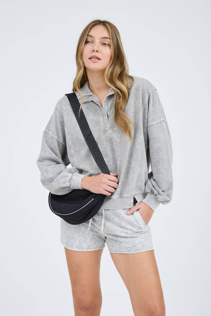 Women's Long Sleeve - WASHED HALF SNAP BUTTON LONG SLEEVE KNIT TOP - - Cultured Cloths Apparel