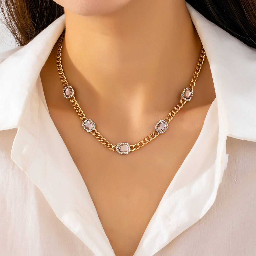 Accessories, Necklaces - Soft Pink Crystal Station Statement Necklace | 80N93382 - GOLD - Cultured Cloths Apparel