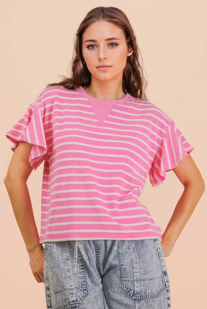 Oversized Ruffle Sleeve Casual Stripe Knit Top
