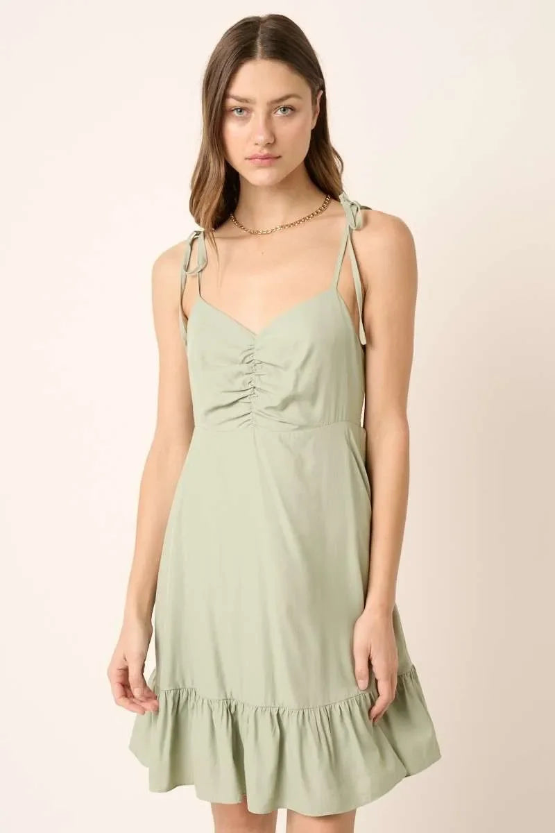 Women's Dresses - Mittoshop Ruched Detail Spaghetti Tie Mini Dress - SAGE - Cultured Cloths Apparel