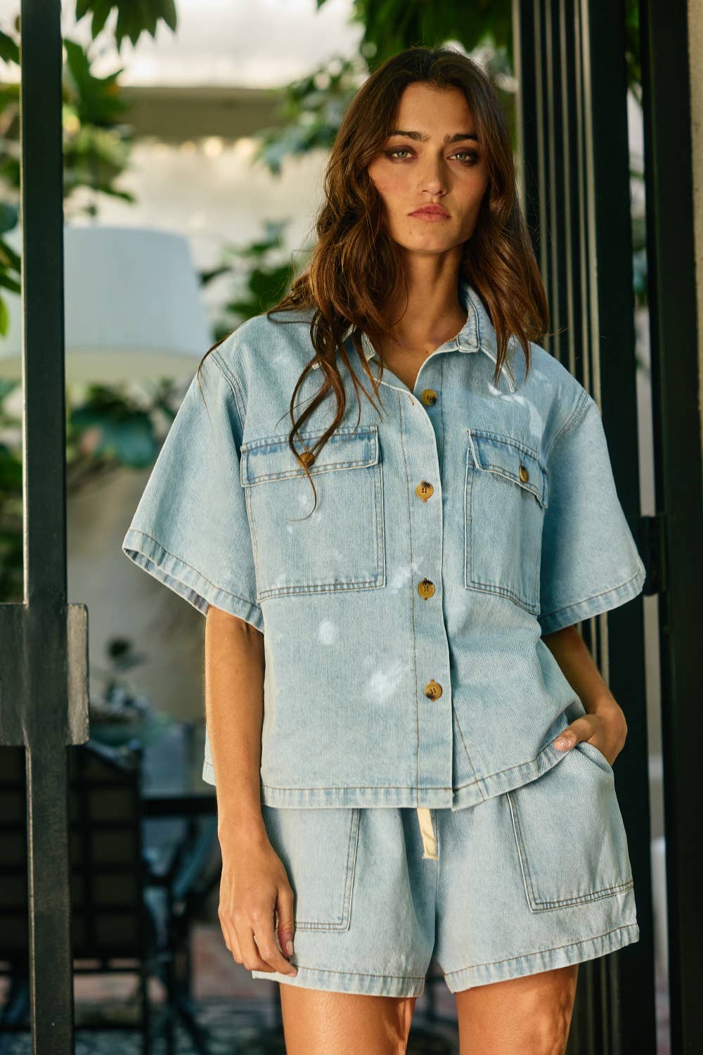 Women's Short Sleeve - Patched Pockets Washed Denim Shirt - - Cultured Cloths Apparel