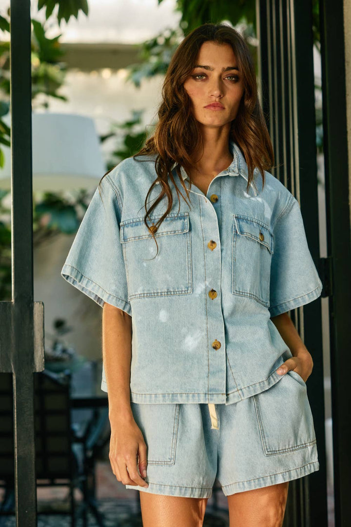 Women's Short Sleeve - Patched Pockets Washed Denim Shirt - - Cultured Cloths Apparel