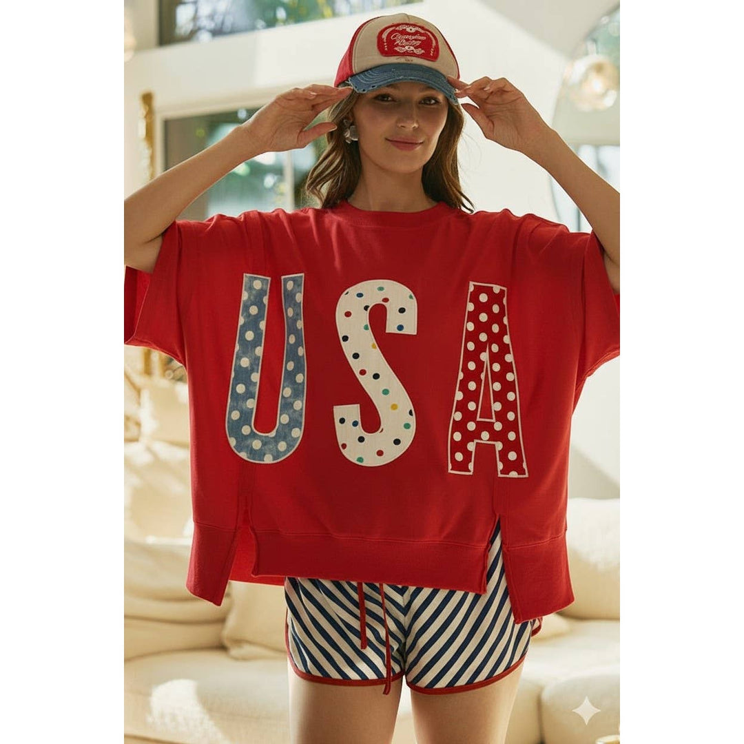 Women's Short Sleeve - 4th Of July Polka Dot Usa Lettered Patch Work Top - - Cultured Cloths Apparel