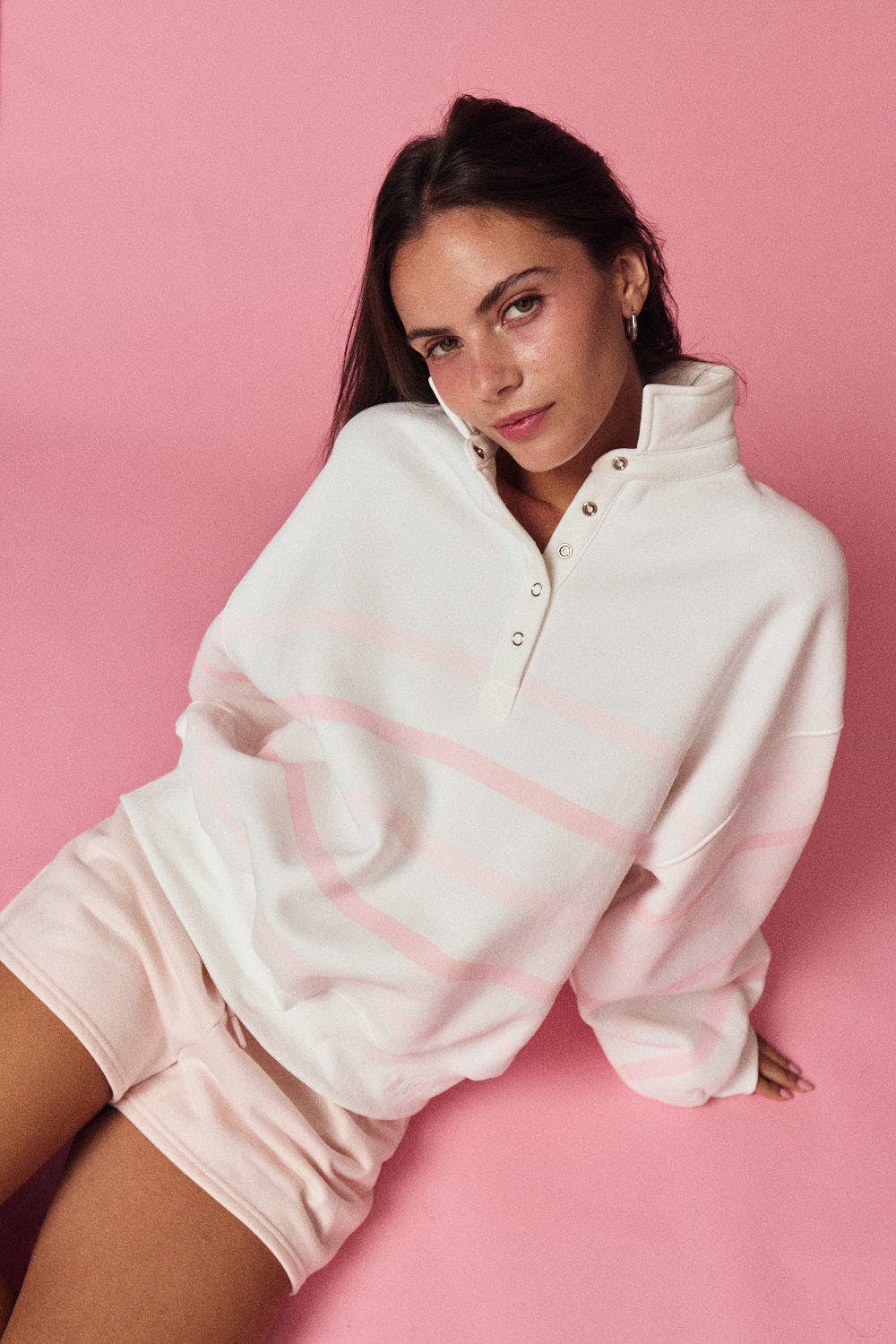 Women's Sweaters - Striped Mock Neck Pullover - WHITE/PINK - Cultured Cloths Apparel