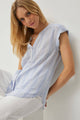 Women's Short Sleeve - Striped Mandaring Collar Short Sleeve Linen Shirt -  - Cultured Cloths Apparel