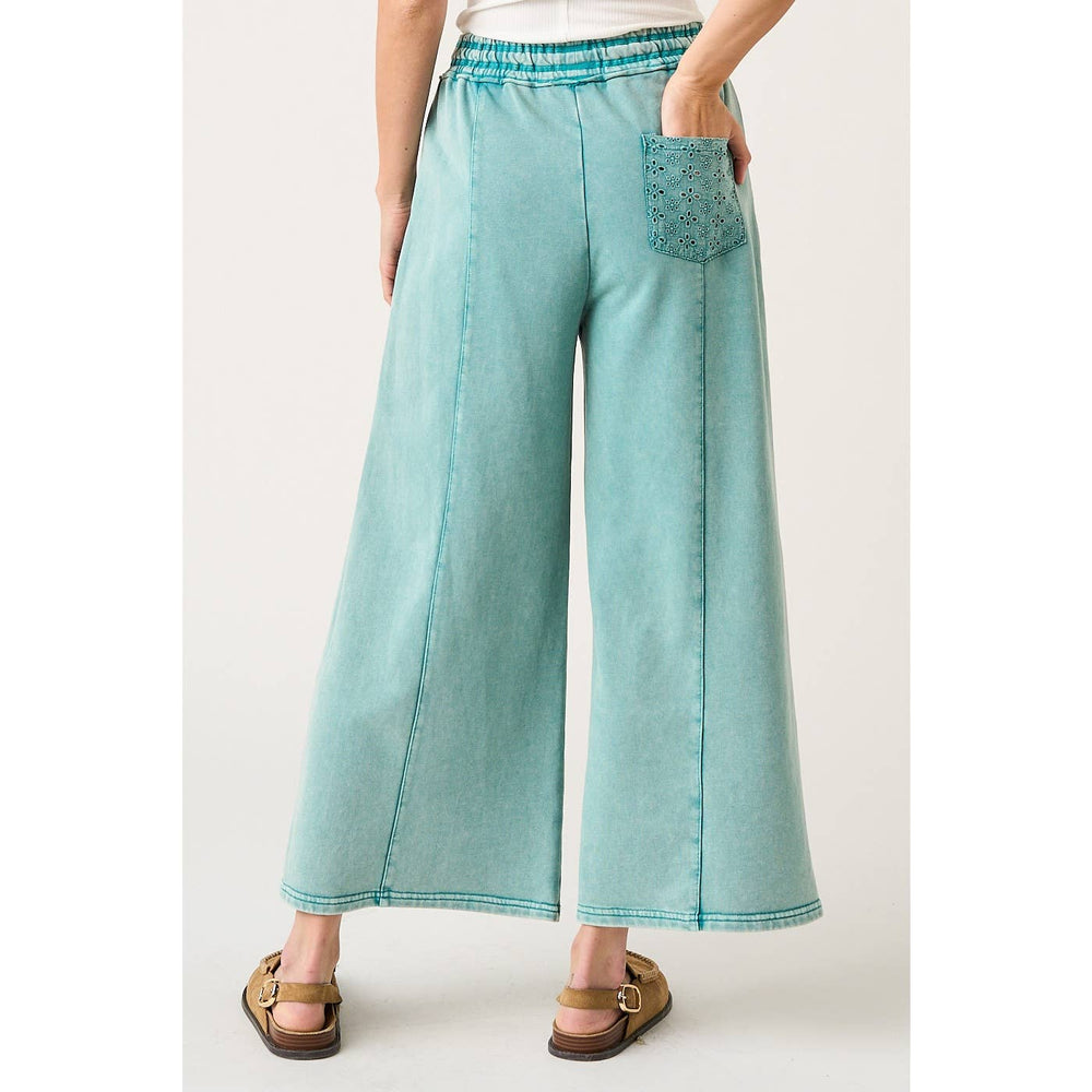 Pants - EYELET LACE POCKET MINERAL WASH WIDE LEG PANTS - - Cultured Cloths Apparel