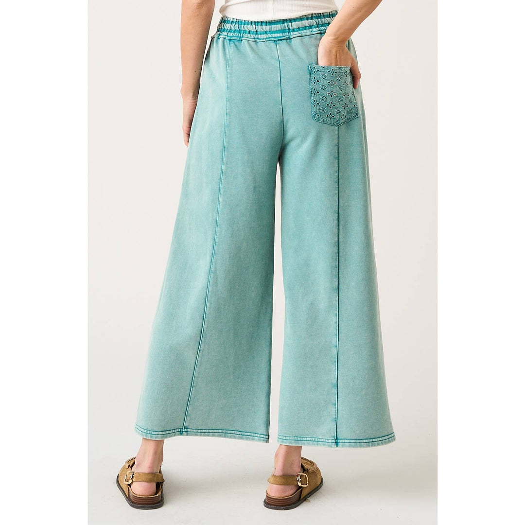 Pants - EYELET LACE POCKET MINERAL WASH WIDE LEG PANTS - - Cultured Cloths Apparel