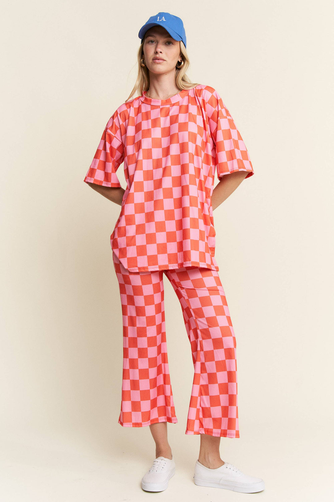 RIBBED CHECKERED PRINT TOP/STRAIGHT LEG PANTS SET