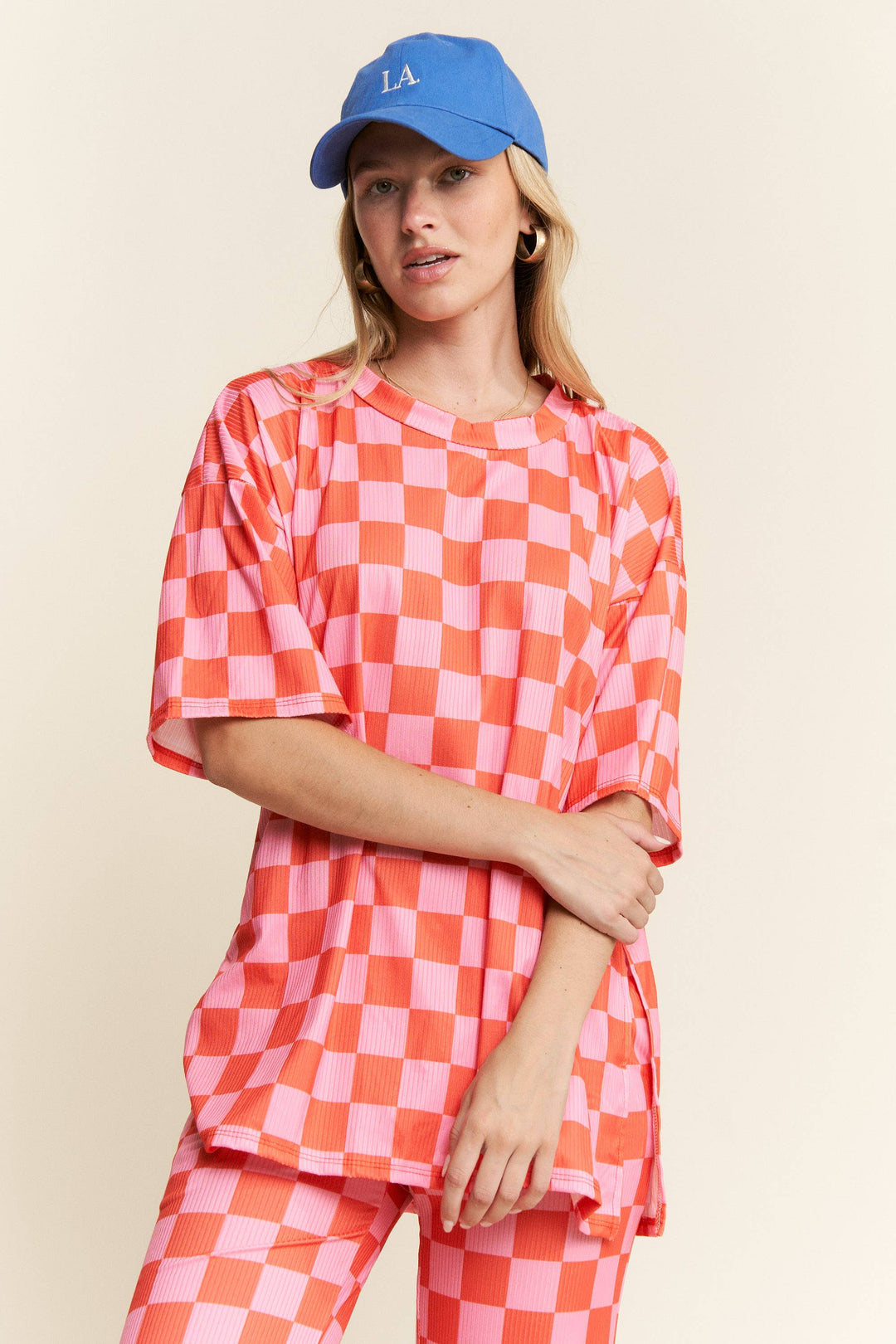 RIBBED CHECKERED PRINT TOP/STRAIGHT LEG PANTS SET
