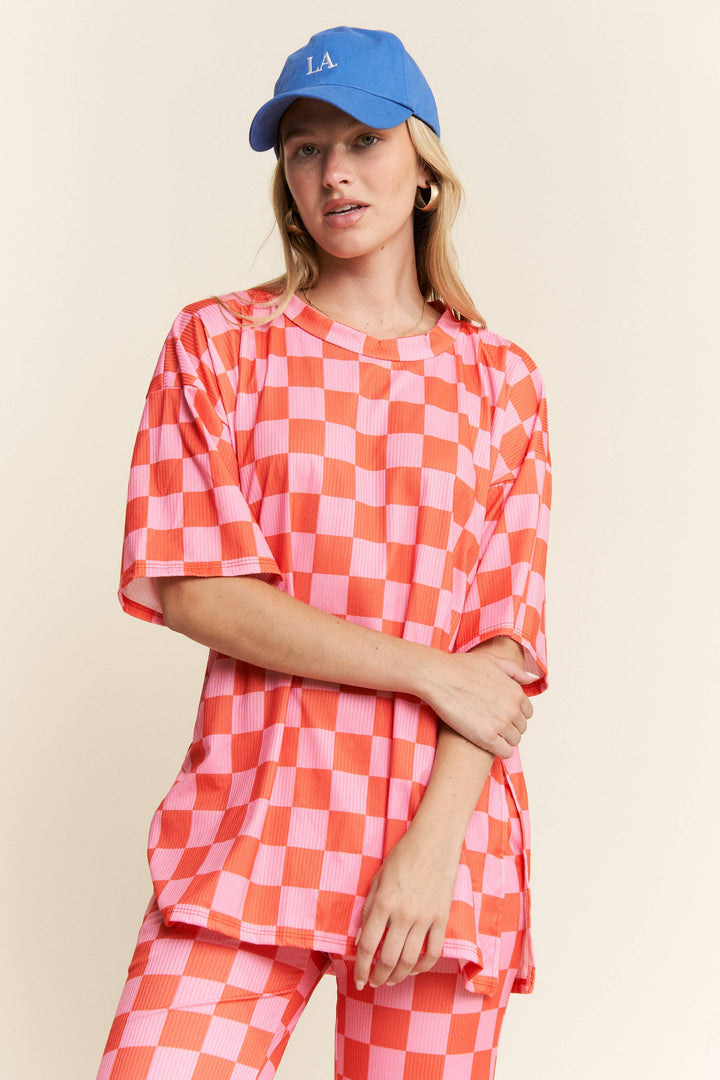 RIBBED CHECKERED PRINT TOP/STRAIGHT LEG PANTS SET