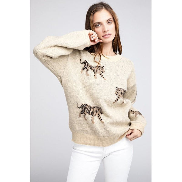 Women's Sweaters - Tiger Pattern Sweater - OATMEAL - Cultured Cloths Apparel