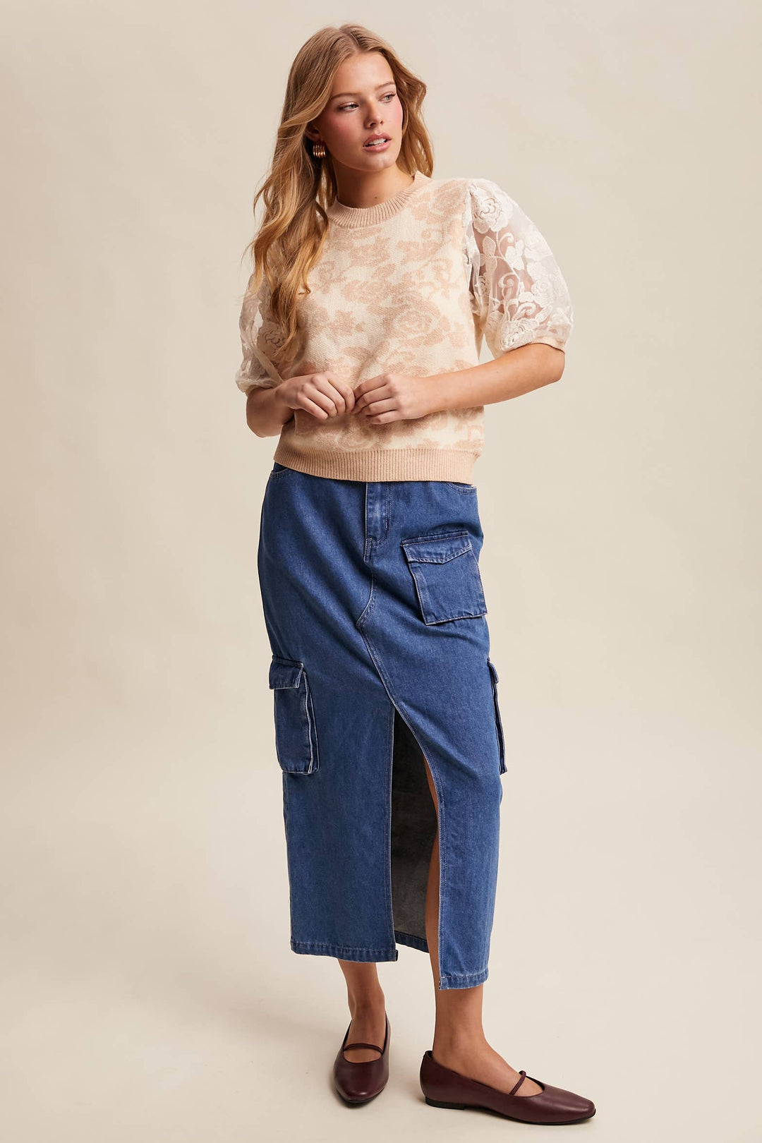 Women's Short Sleeve - Rose Embroidered Contrast Knit Top - - Cultured Cloths Apparel