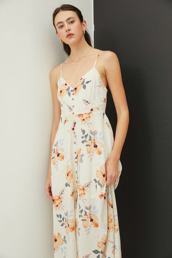 Women's Dresses - Be Cool Floral Button Down Cami Midi Dress - PEACH HIBISCUS - Cultured Cloths Apparel