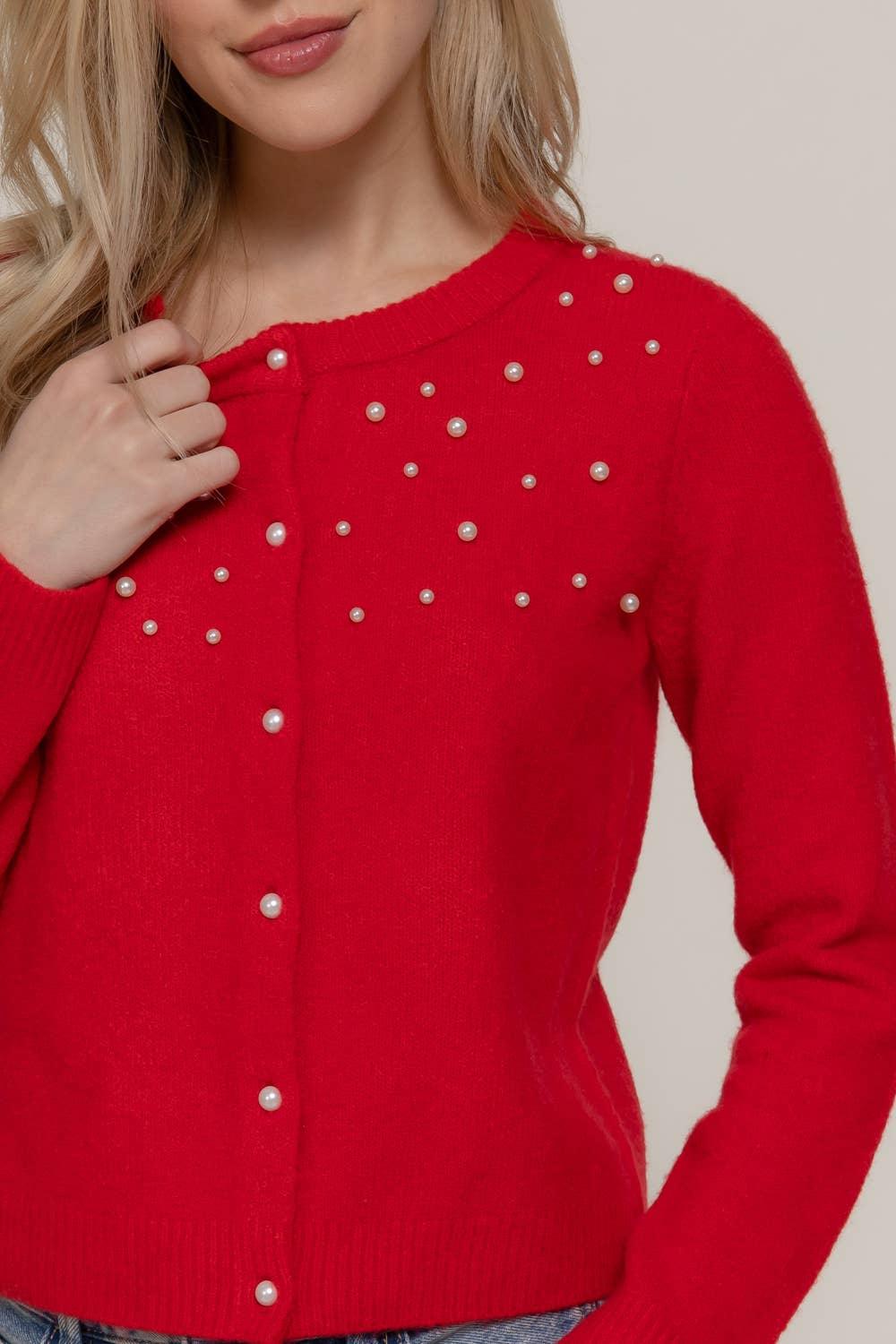 Women's Sweaters - Long Sleeve Round Neck Pearl Embellished Sweater Cardigan - RED - Cultured Cloths Apparel