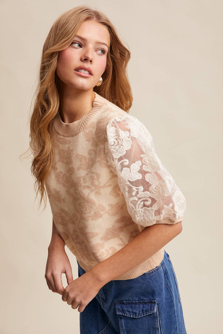 Women's Short Sleeve - Rose Embroidered Contrast Knit Top - - Cultured Cloths Apparel