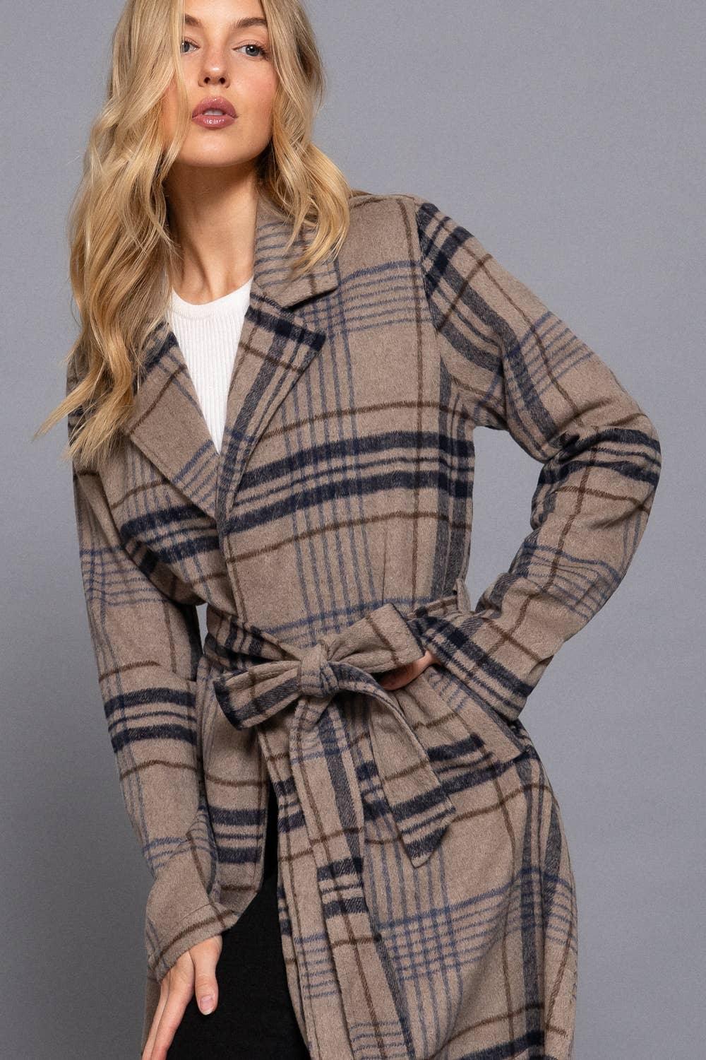 Outerwear - Long Sleeve Notched Collar with Waist Belt Plaid Jacket - - Cultured Cloths Apparel