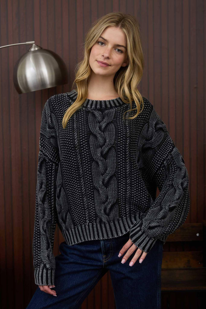 Women's Sweaters - WASHED CABLE KNIT PULLOVER SWEATER - - Cultured Cloths Apparel