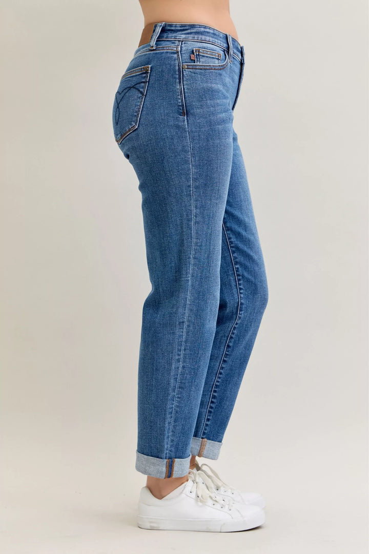 Denim - Judy Blue Full Size Mid Rise BF Classic Cuffed Jeans Plus Size - - Cultured Cloths Apparel