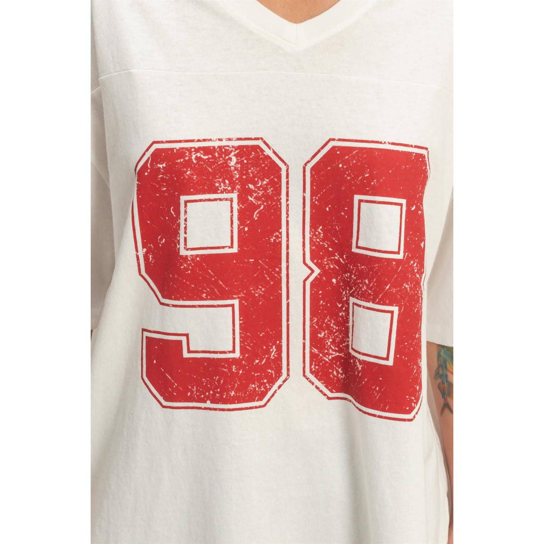 Graphic T-Shirts - Oversized Varsity Style V-Neck Graphic T-Shirt - - Cultured Cloths Apparel