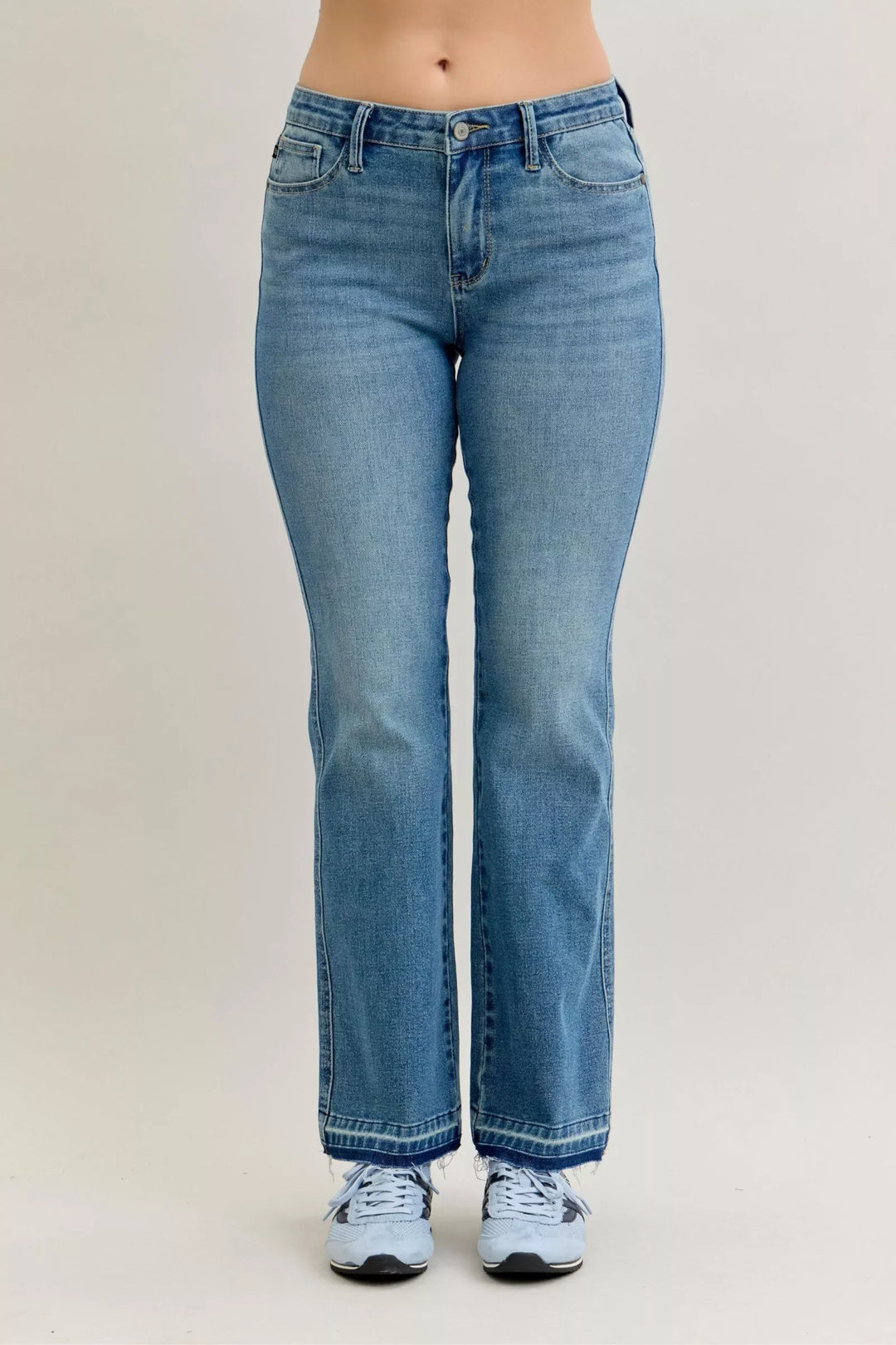 Denim - Judy Blue Full Size Mid Rise Slim Bootcut Tummy Control Release Hem Jeans Plus Size - - Cultured Cloths Apparel
