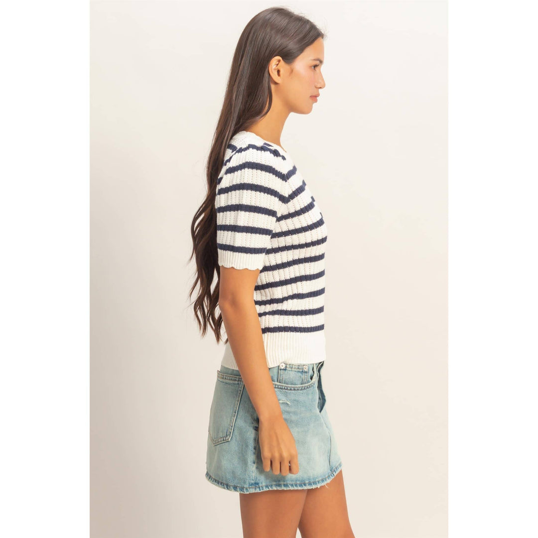 Striped Scallop Edge Puff Sleeve Knit Top