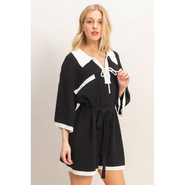 Women's Rompers - Knit Romper With Contrast Tie - - Cultured Cloths Apparel