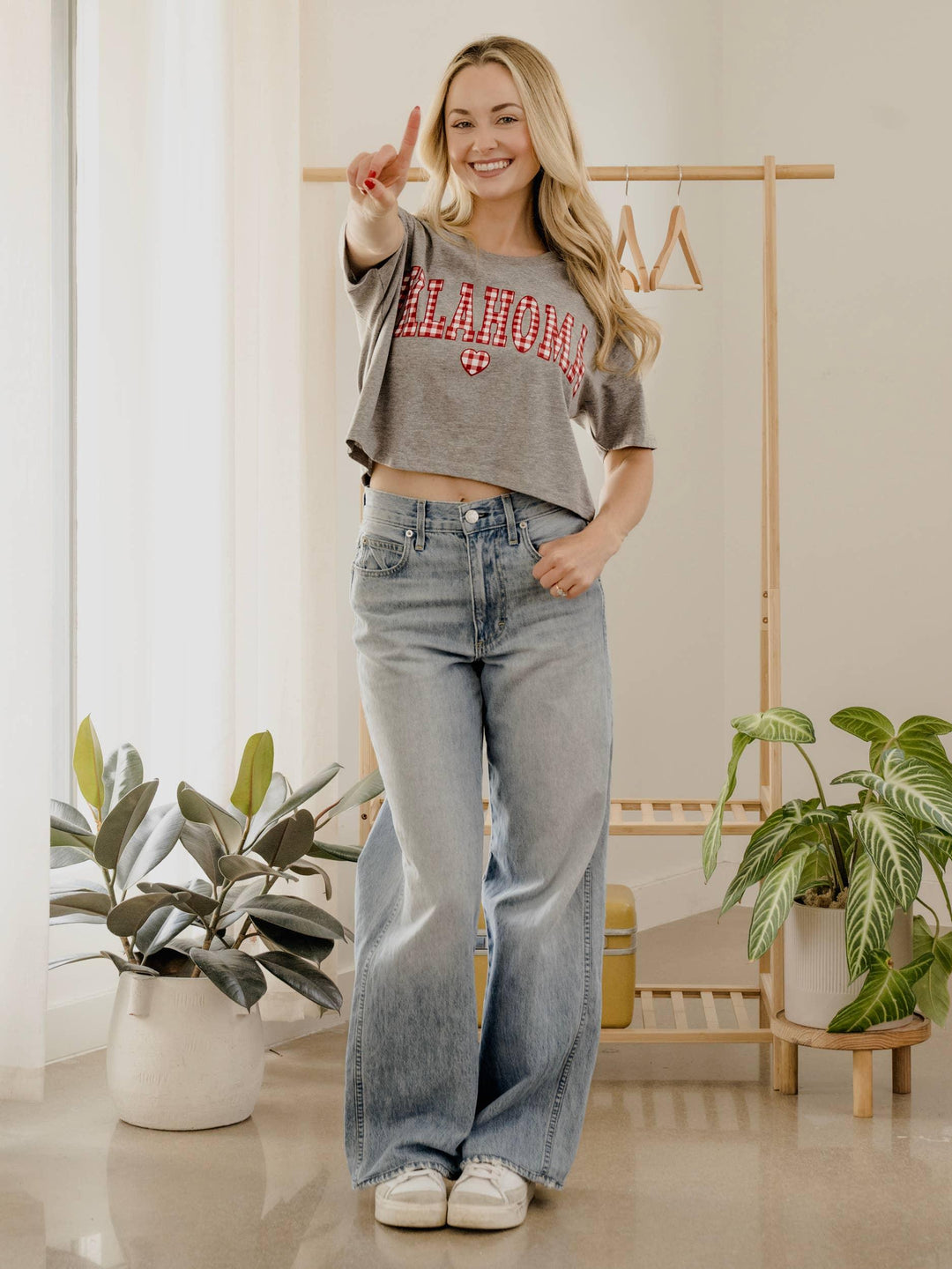 Graphic T-Shirts - OU Oklahoma Sooners Gingham Heart Gray Cropped Tee - - Cultured Cloths Apparel