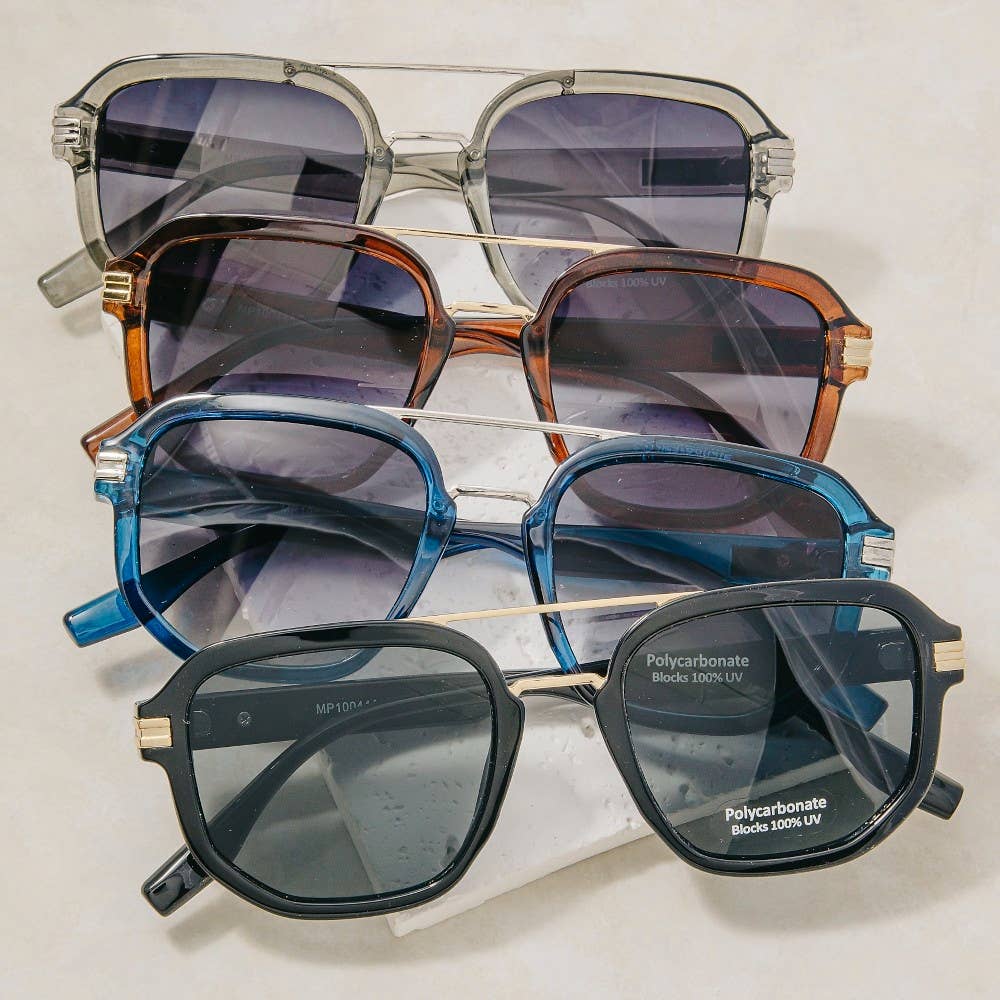 Sunglasses - Square Double Bridge Round Metal Accent Sunglasses - - Cultured Cloths Apparel