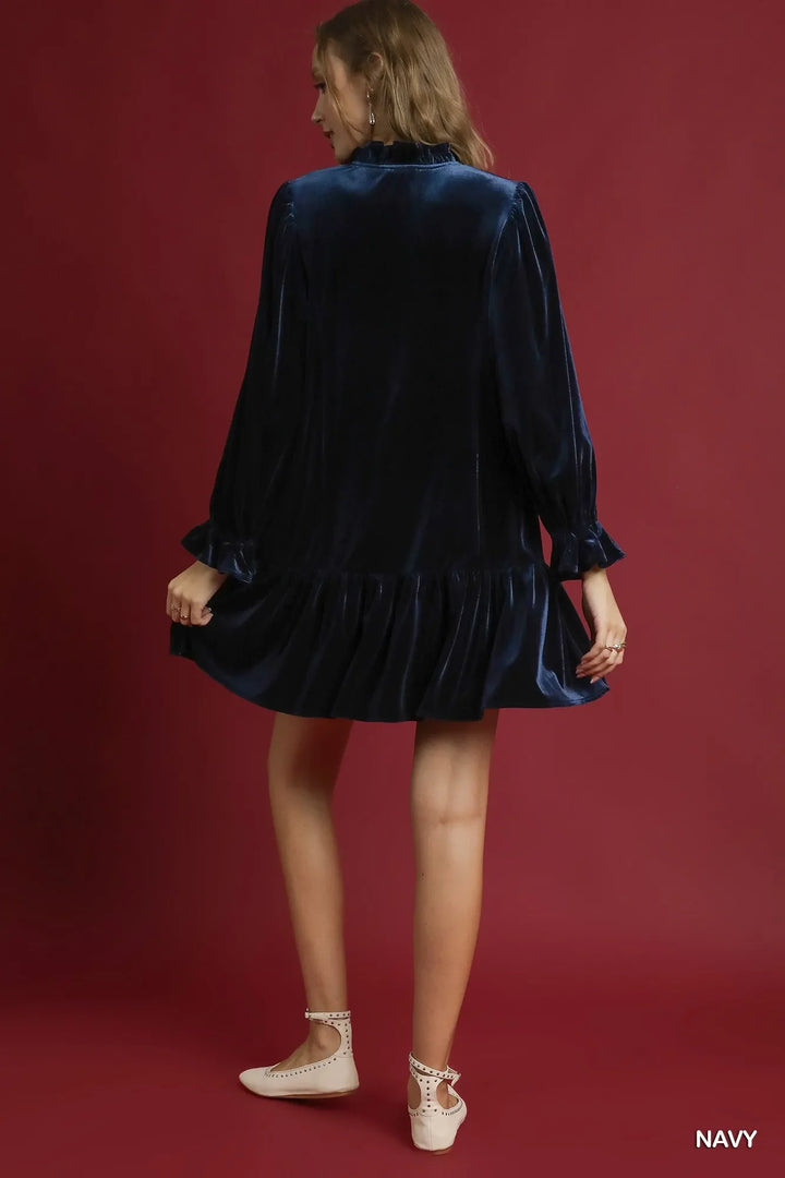 Women's Dresses - Umgee Velvet Ruffle Trim Mini Dress - - Cultured Cloths Apparel