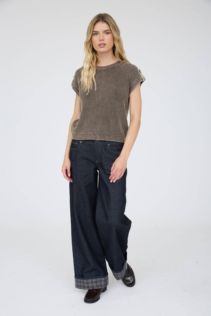 Women's Short Sleeve - ACID WASHED TAB SLEEVE BACK BUTTON KNIT TOP: CHARCOAL - - Cultured Cloths Apparel