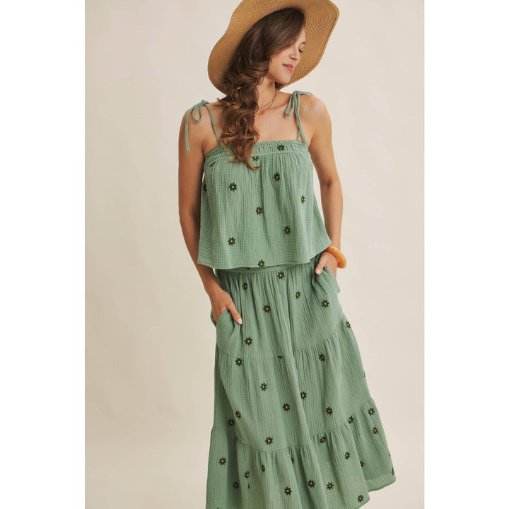 Women's Skirts - SUNSET FIELD EMBROIDERED COTTON GAUZE SMOCKED MIDI SKIRTS - - Cultured Cloths Apparel