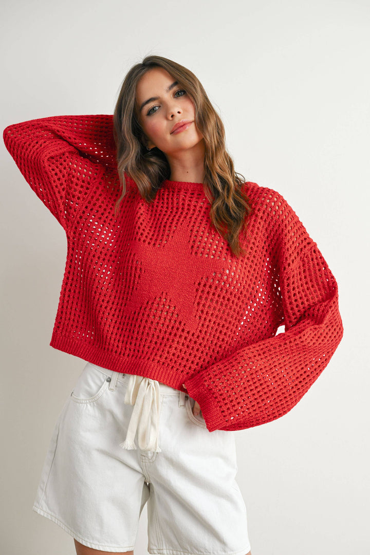 Women's Sweaters - Star Crew Neck Crochet Sweater - - Cultured Cloths Apparel