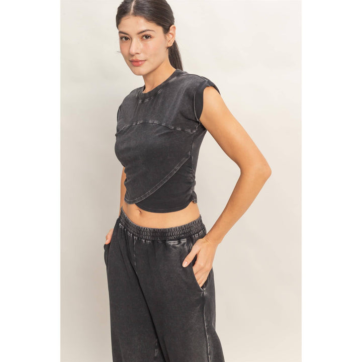 Athleisure - Rolled Sleeve Wrap-Front Crop Top And Jogger Set - BLACK - Cultured Cloths Apparel