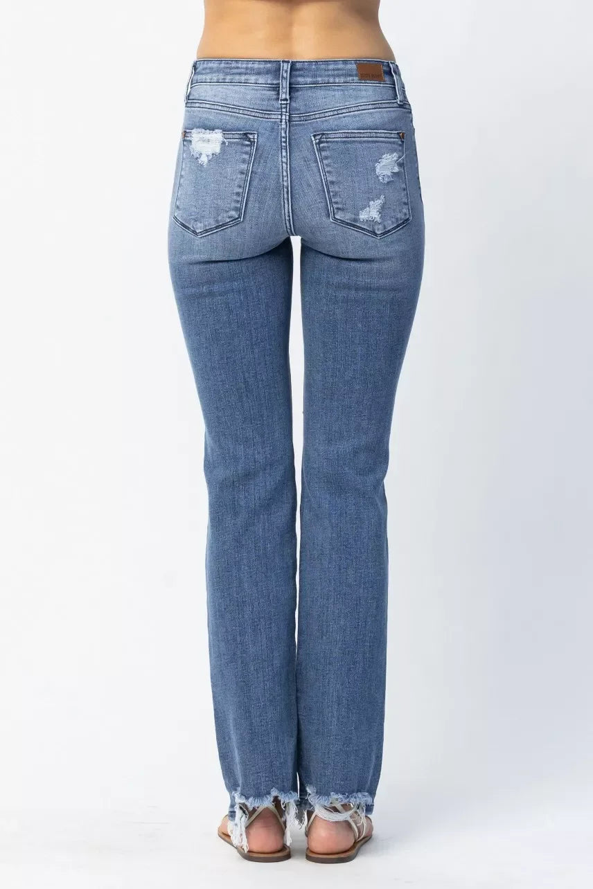Denim - Judy Blue Full Size Mid Rise Destroy Straight Jeans Plus Size - - Cultured Cloths Apparel