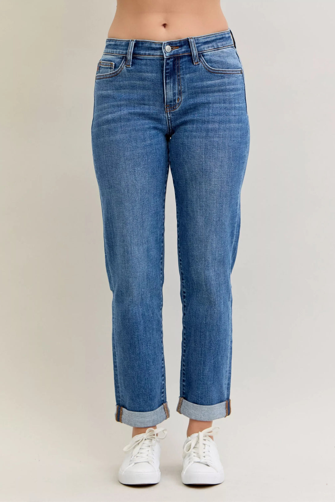 Denim - Judy Blue Full Size Mid Rise BF Classic Cuffed Jeans Plus Size - MD - Cultured Cloths Apparel