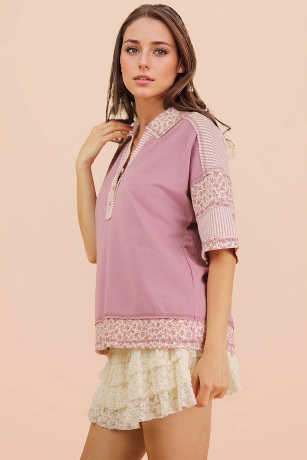 Women's Short Sleeve - Oversized Half Button Down Collared Knit Top - - Cultured Cloths Apparel