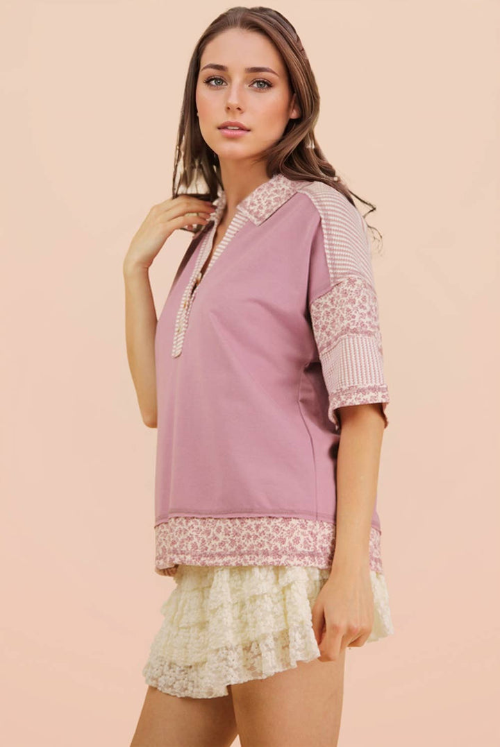 Women's Short Sleeve - Oversized Half Button Down Collared Knit Top - - Cultured Cloths Apparel
