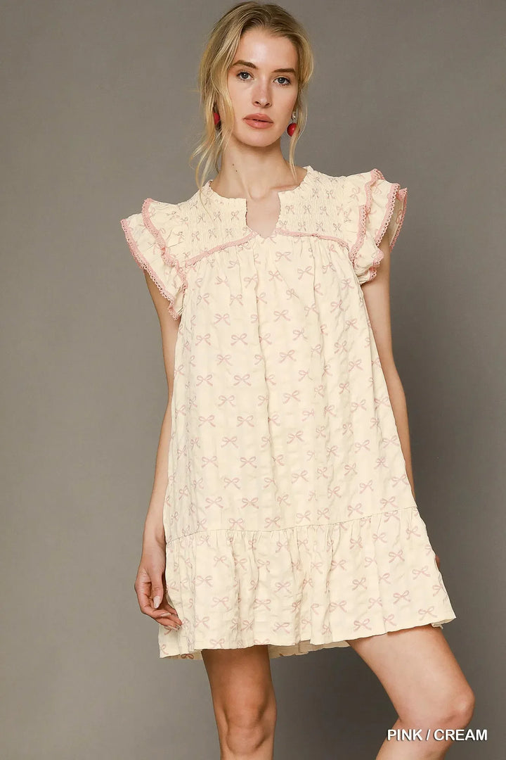 Women's Dresses - Umgee Bow Print Ruffled Cap Sleeve Mini Dress - PINK / CREAM - Cultured Cloths Apparel