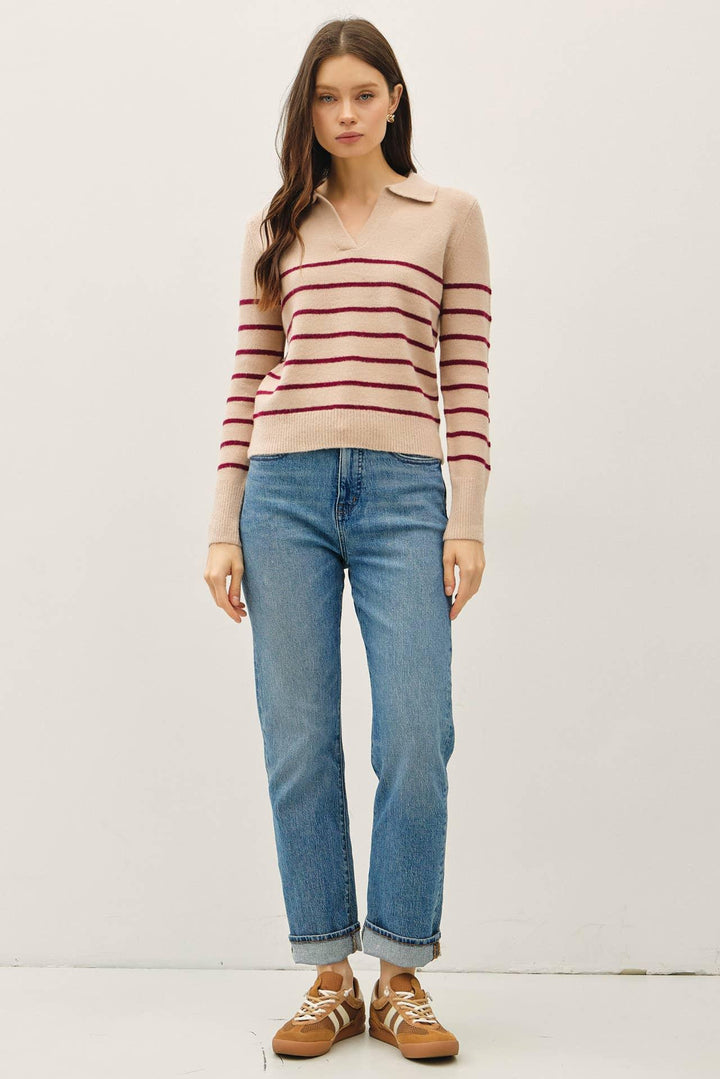 COLLARED V-NECK SWEATER WITH STRIPE
